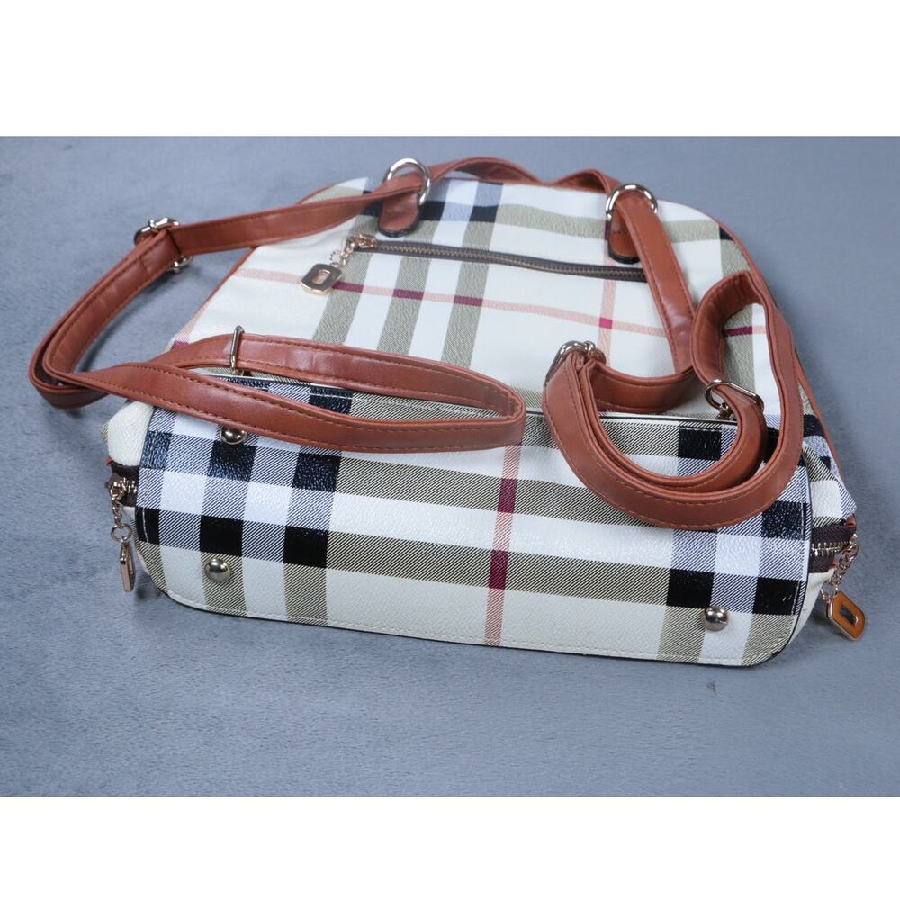 Plaid Check Satchel Handbag Crossbody Purse Beige Brown Faux Leather Women Bag